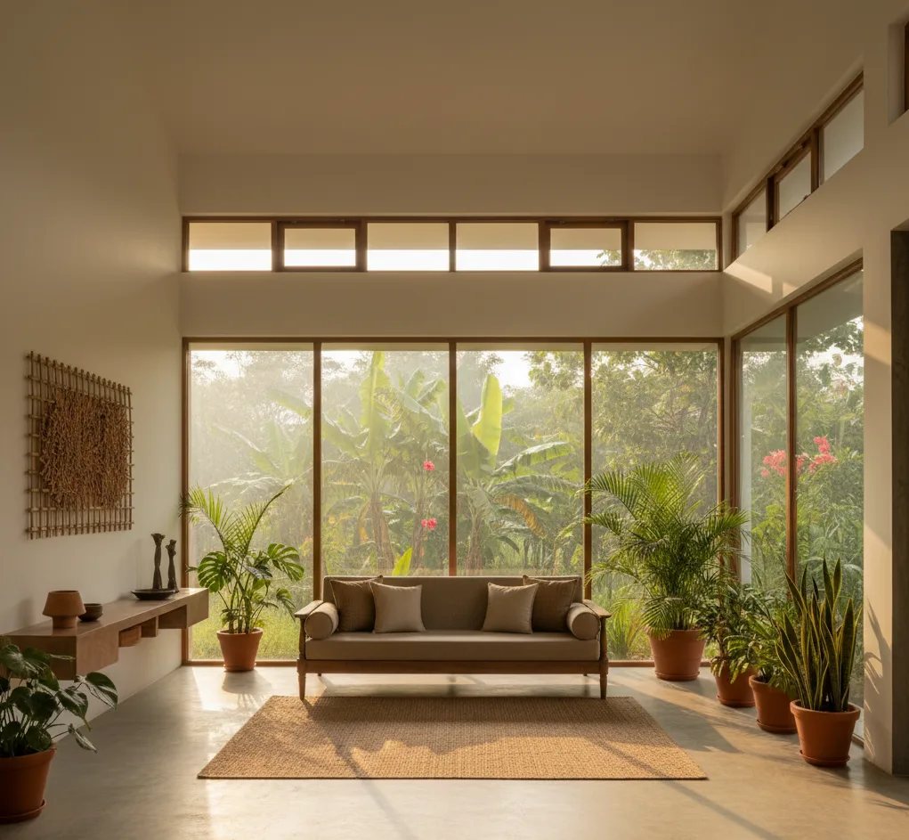 North-facing windows in Coimbatore home filling living area with soft morning light
